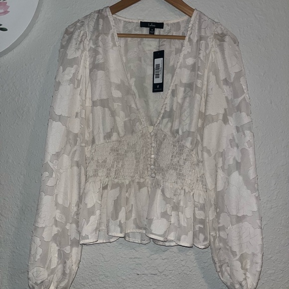 Lulus Patio Date Ivory Floral Jacquard Button-Up Long Sleeve Top - Picture 3 of 8